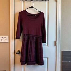Nina Leonard Maroon Long Sleeve Dress with Geometric Design